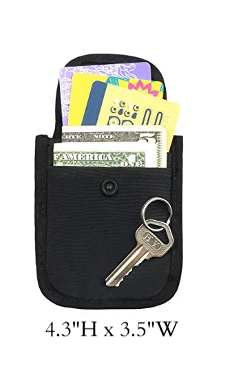 Black bra wallet holding money, keys and cards