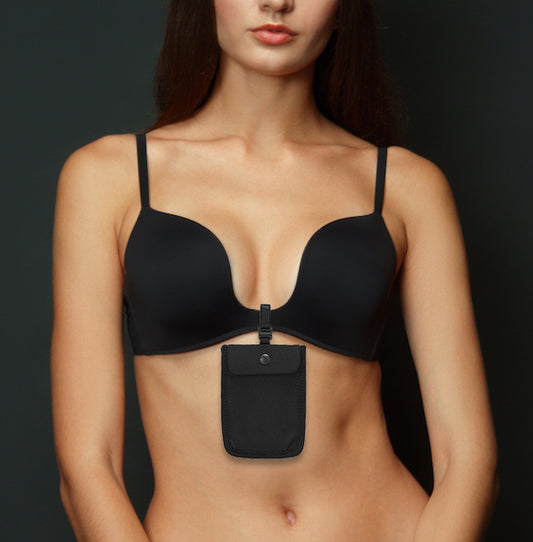 Black bra wallet on model